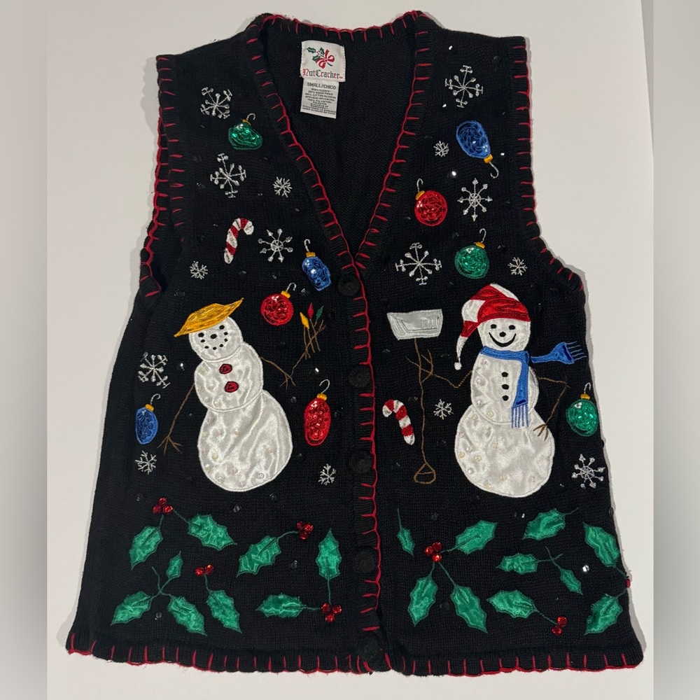 Vintage Christmas Vest Snowmen Embroidered Black Small‎